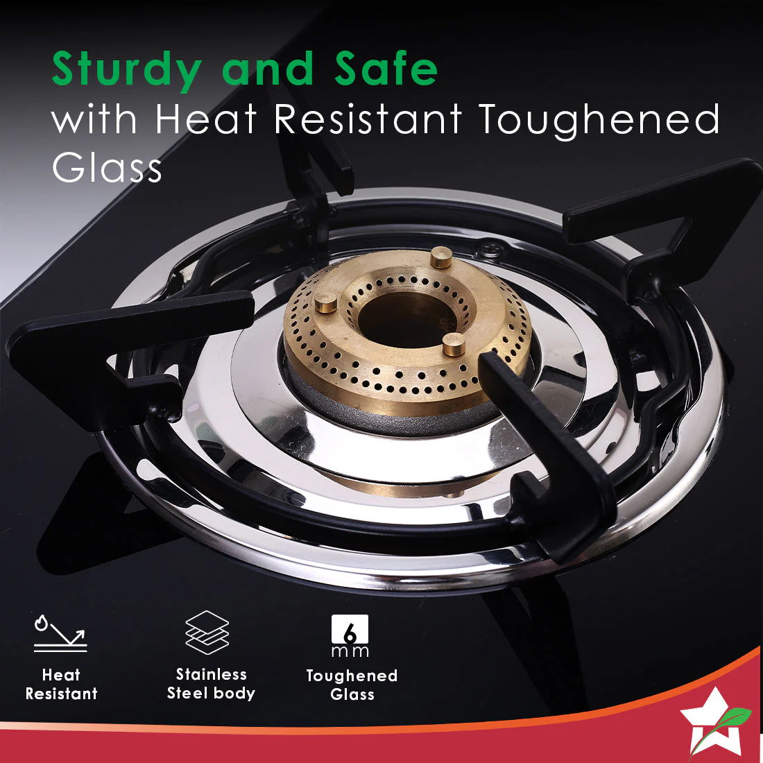 Duralife Slim Glass Gas Stove 4 Burner | Heavy Duty Pan Support | Dual Locking System | Easy Grip Sleek Knobs | Brass Burner | Round Stainless Steel Drip Tray | 2 Years Warranty on Glass and Product - Image 3