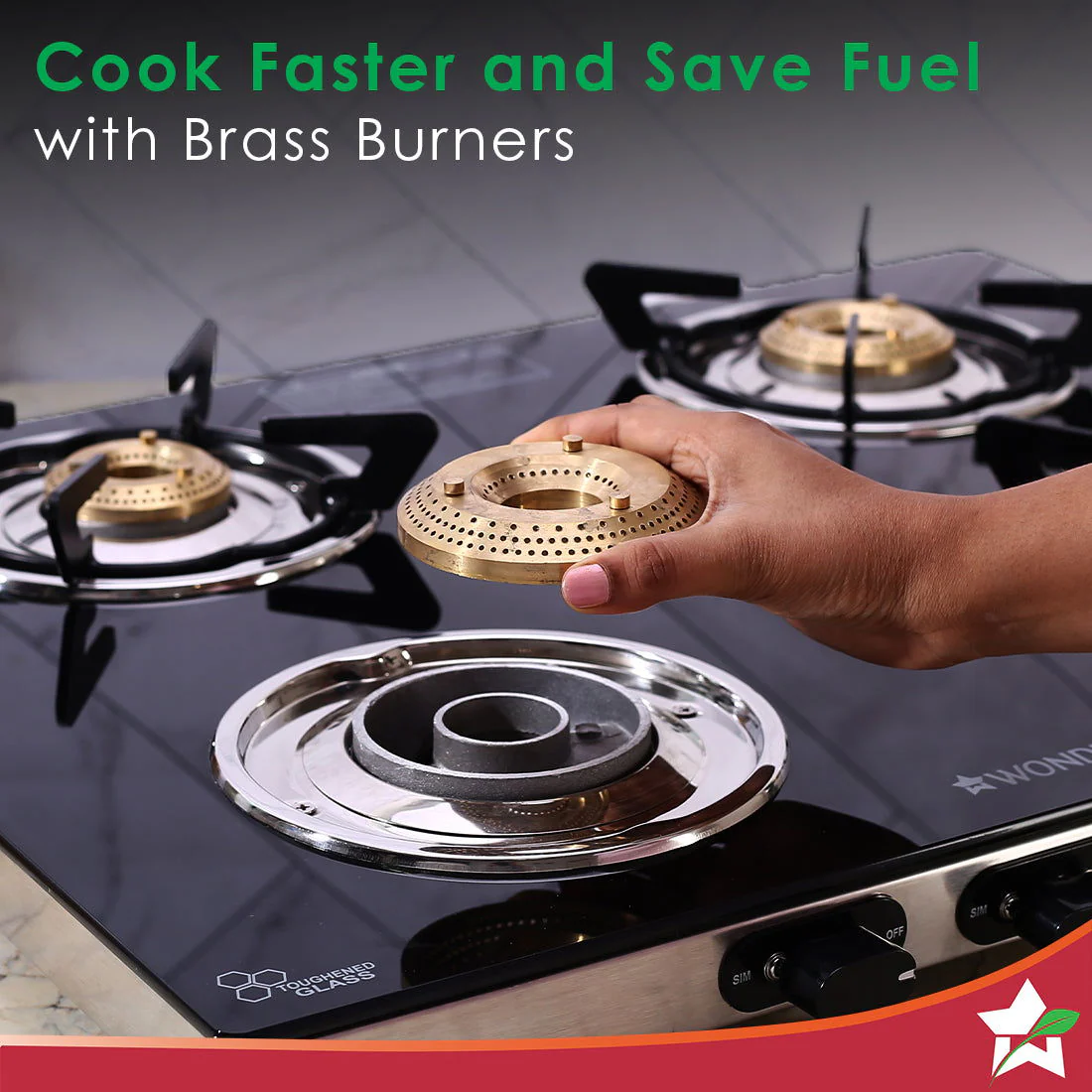 Duralife Slim Glass Gas Stove 4 Burner | Heavy Duty Pan Support | Dual Locking System | Easy Grip Sleek Knobs | Brass Burner | Round Stainless Steel Drip Tray | 2 Years Warranty on Glass and Product - Image 4