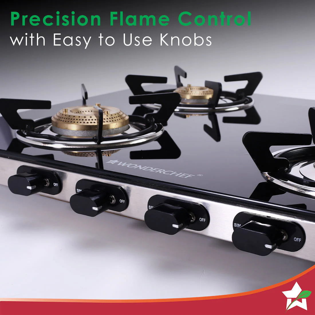 Duralife Slim Glass Gas Stove 4 Burner | Heavy Duty Pan Support | Dual Locking System | Easy Grip Sleek Knobs | Brass Burner | Round Stainless Steel Drip Tray | 2 Years Warranty on Glass and Product - Image 5