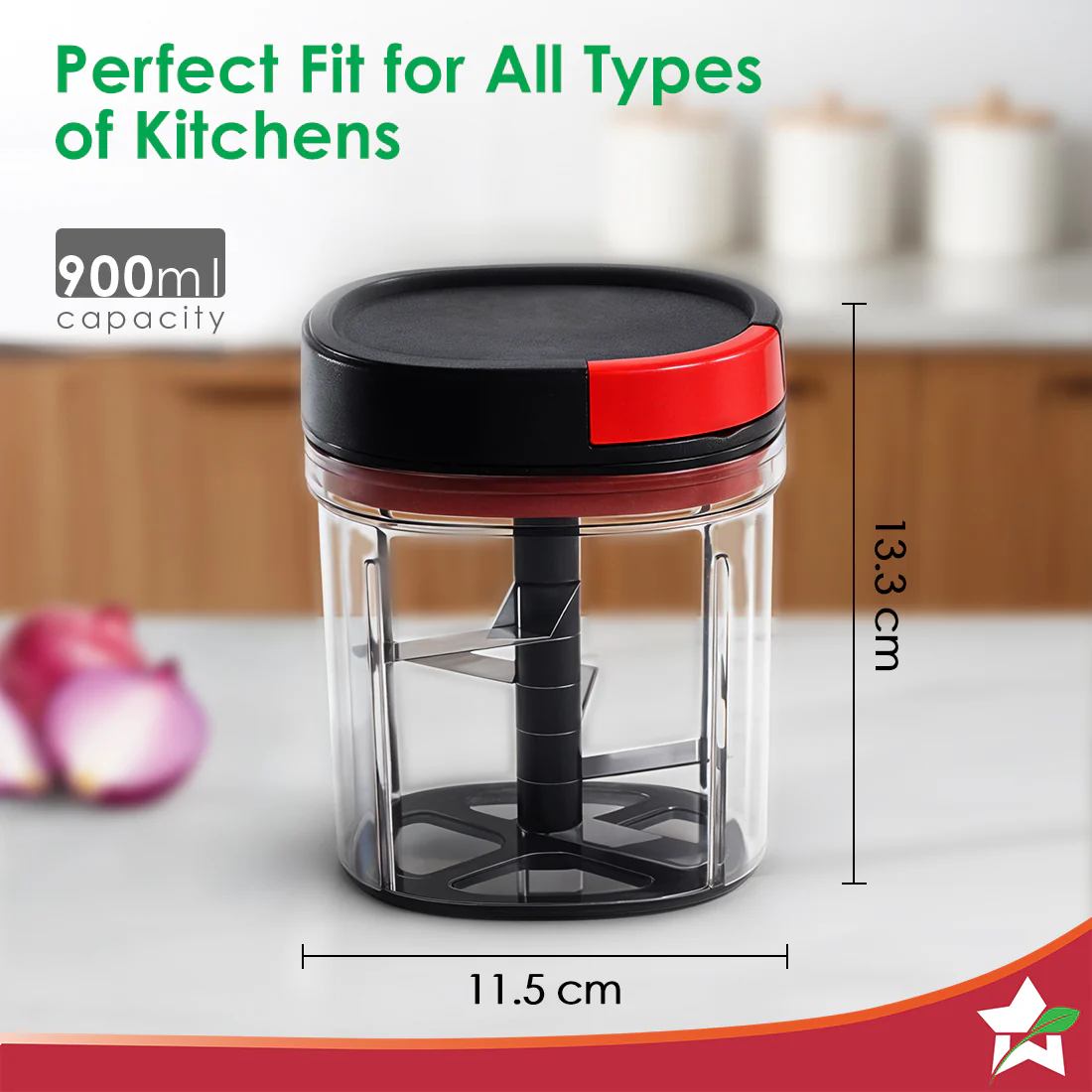 Glory String Vegetable Chopper with 6 Sharp SS Blade, Anti Slip Silicon Base Ring, Air Tight Lid, 900Ml, 1 Year Warranty - Image 3