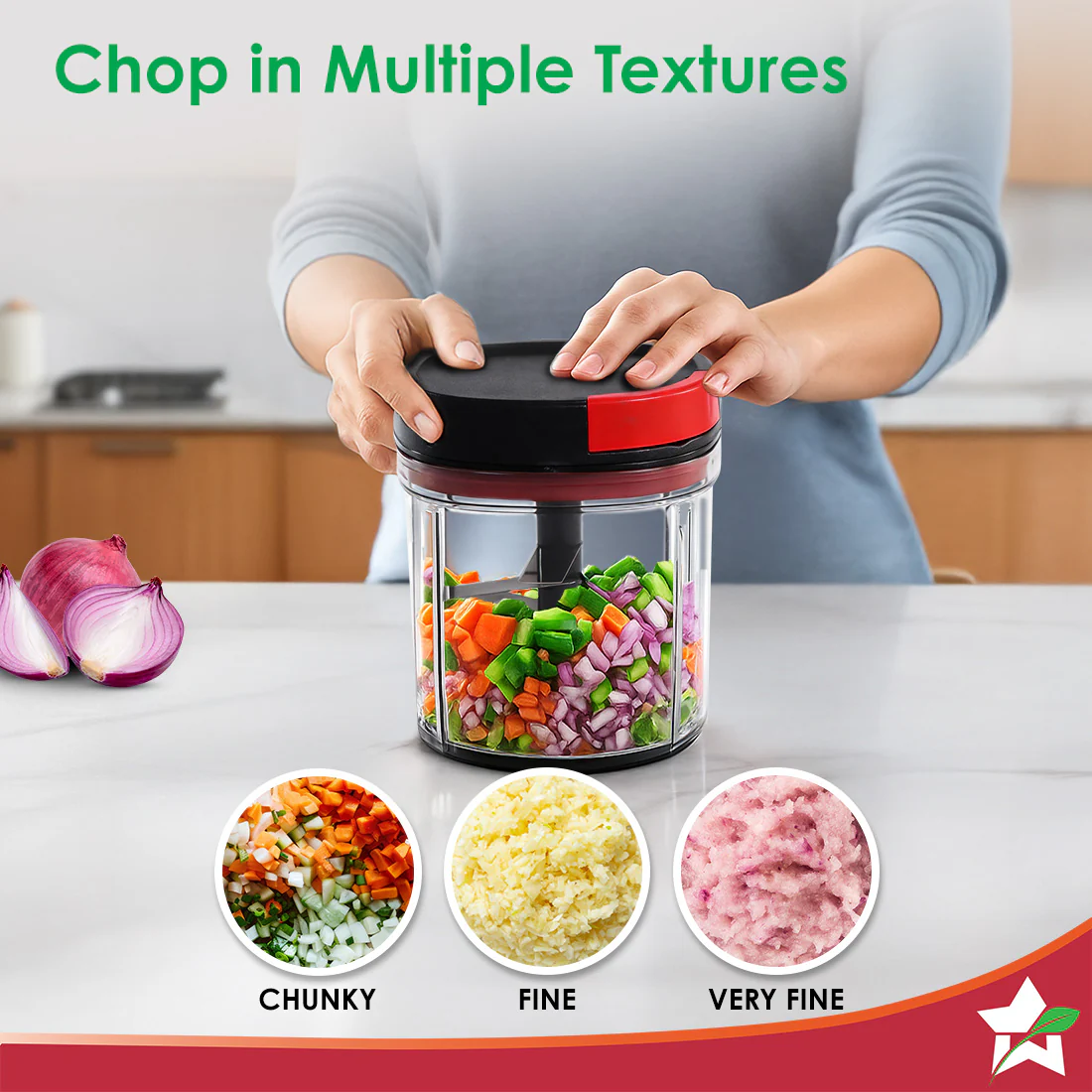 Glory String Vegetable Chopper with 6 Sharp SS Blade, Anti Slip Silicon Base Ring, Air Tight Lid, 900Ml, 1 Year Warranty - Image 4