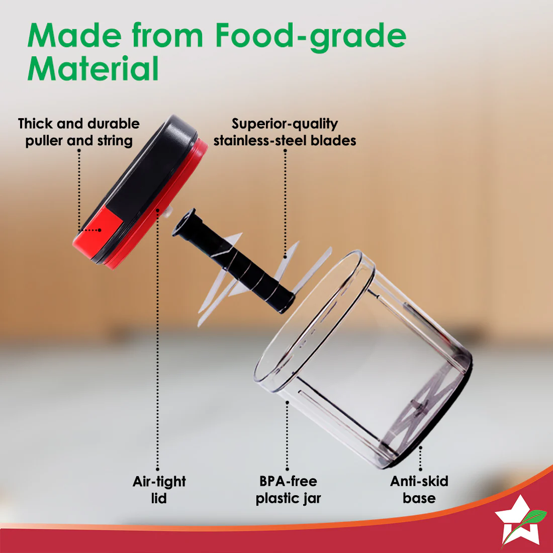 Glory String Vegetable Chopper with 6 Sharp SS Blade, Anti Slip Silicon Base Ring, Air Tight Lid, 900Ml, 1 Year Warranty - Image 5