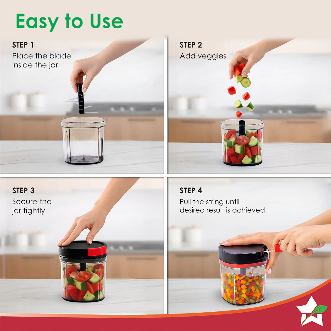 Glory String Vegetable Chopper with 6 Sharp SS Blade, Anti Slip Silicon Base Ring, Air Tight Lid, 900Ml, 1 Year Warranty - Image 6