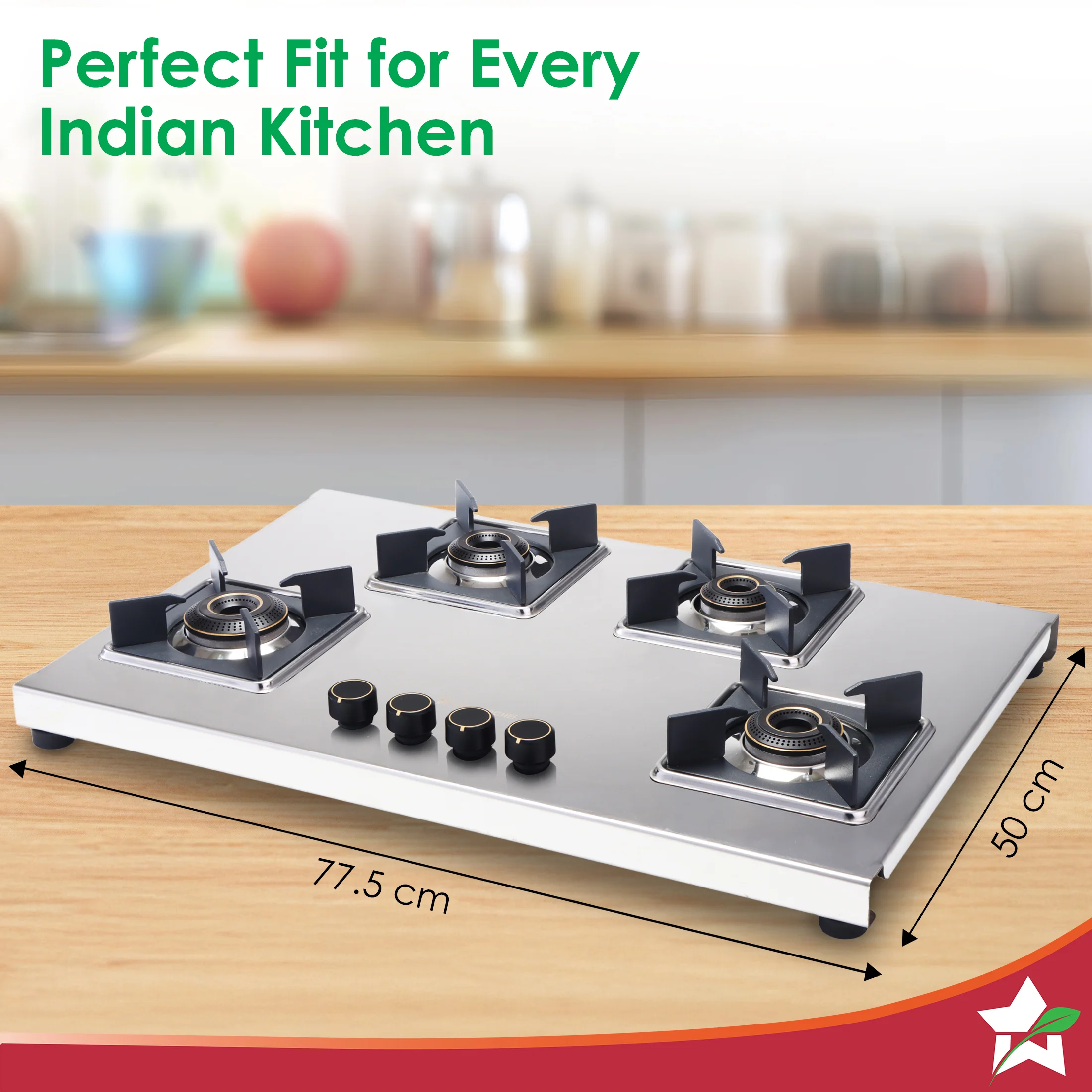 Inox 4 Brass Burner Hobtop, Thick Stainless-steel Construction, LPG Gas Stove for Kitchen, SABAF Leak-proof Valves, Spill-proof Design, Premium Metal Knobs, 2-Yr Warranty - Image 3