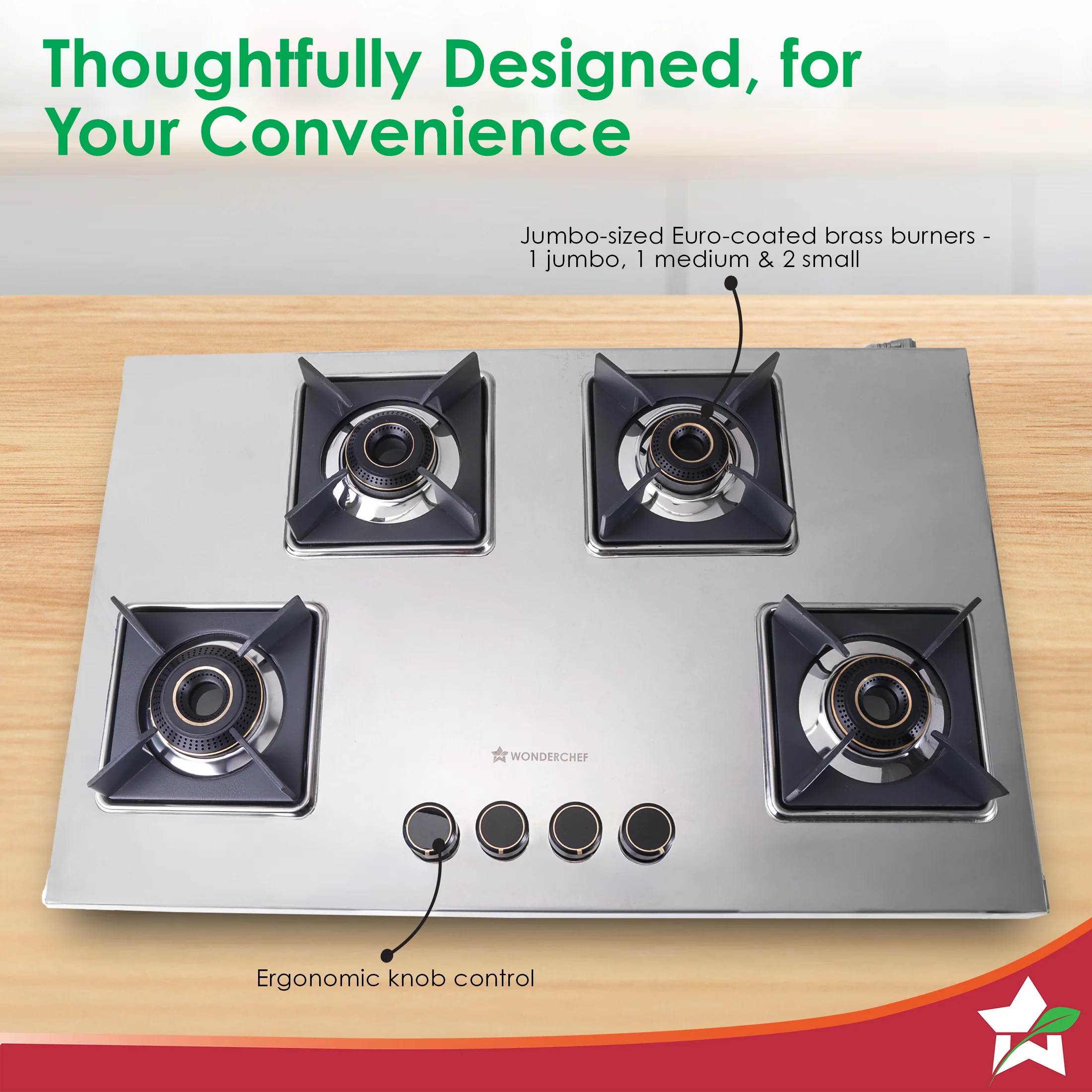 Inox 4 Brass Burner Hobtop, Thick Stainless-steel Construction, LPG Gas Stove for Kitchen, SABAF Leak-proof Valves, Spill-proof Design, Premium Metal Knobs, 2-Yr Warranty - Image 6