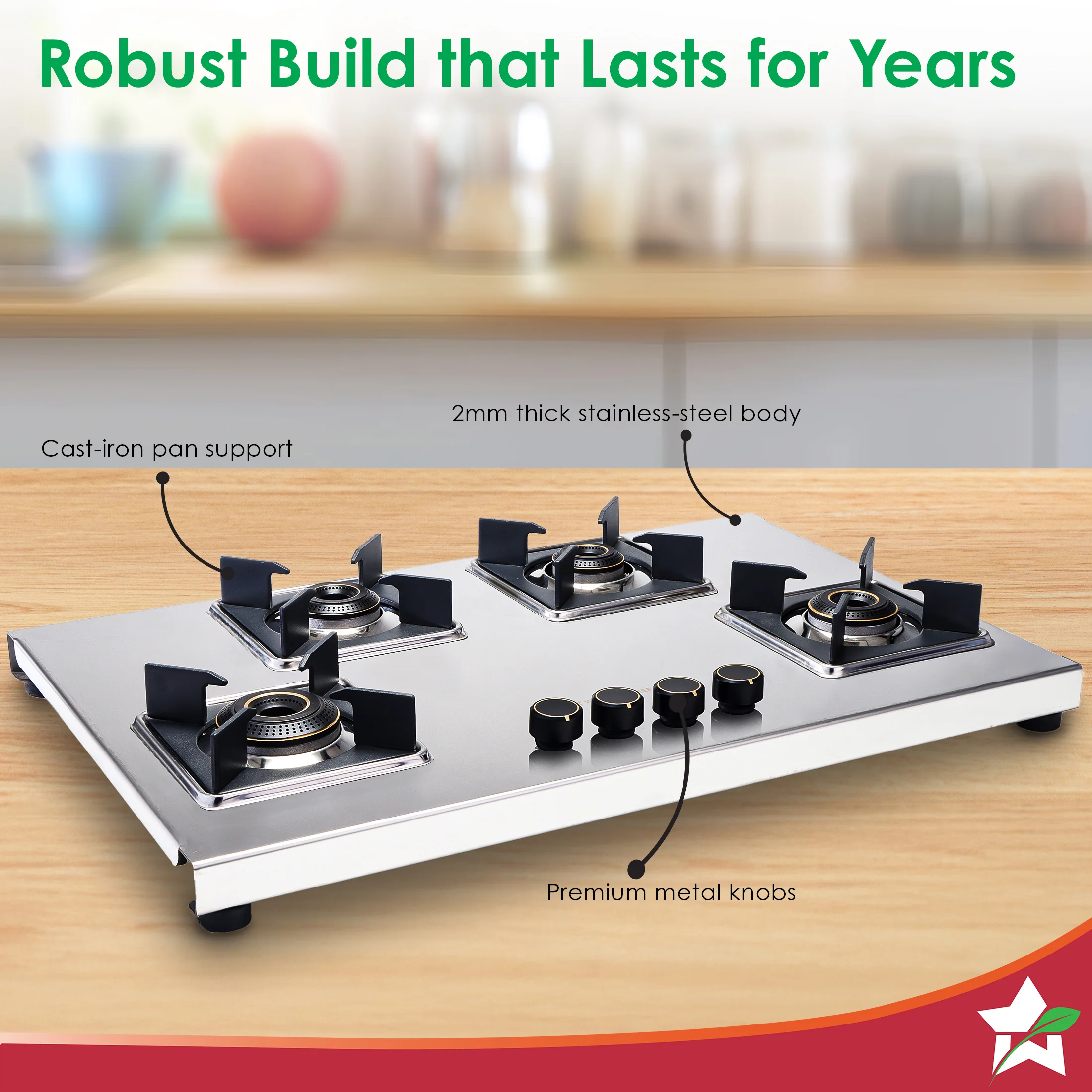 Inox 4 Brass Burner Hobtop, Thick Stainless-steel Construction, LPG Gas Stove for Kitchen, SABAF Leak-proof Valves, Spill-proof Design, Premium Metal Knobs, 2-Yr Warranty - Image 9