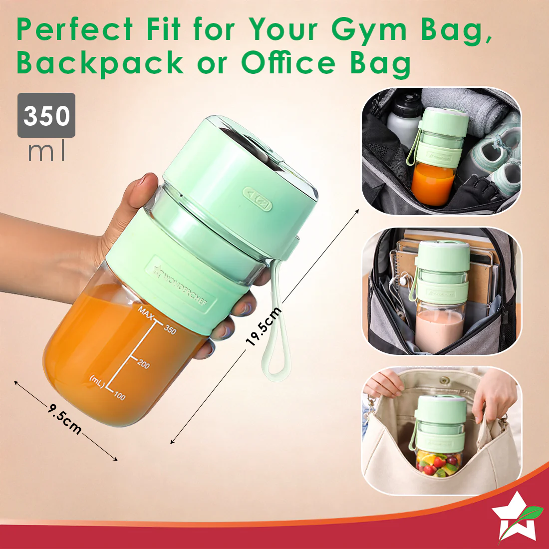 Nutri-cup Zip Portable Blender | 350ml | Blend & Sip with Flip Top Sipper Lid | For Smoothies, Juices, Shakes, Coffee | 2000 mAh Battery | 20 Blending Cycles in One Charge | Type C Charging | Green - Image 3