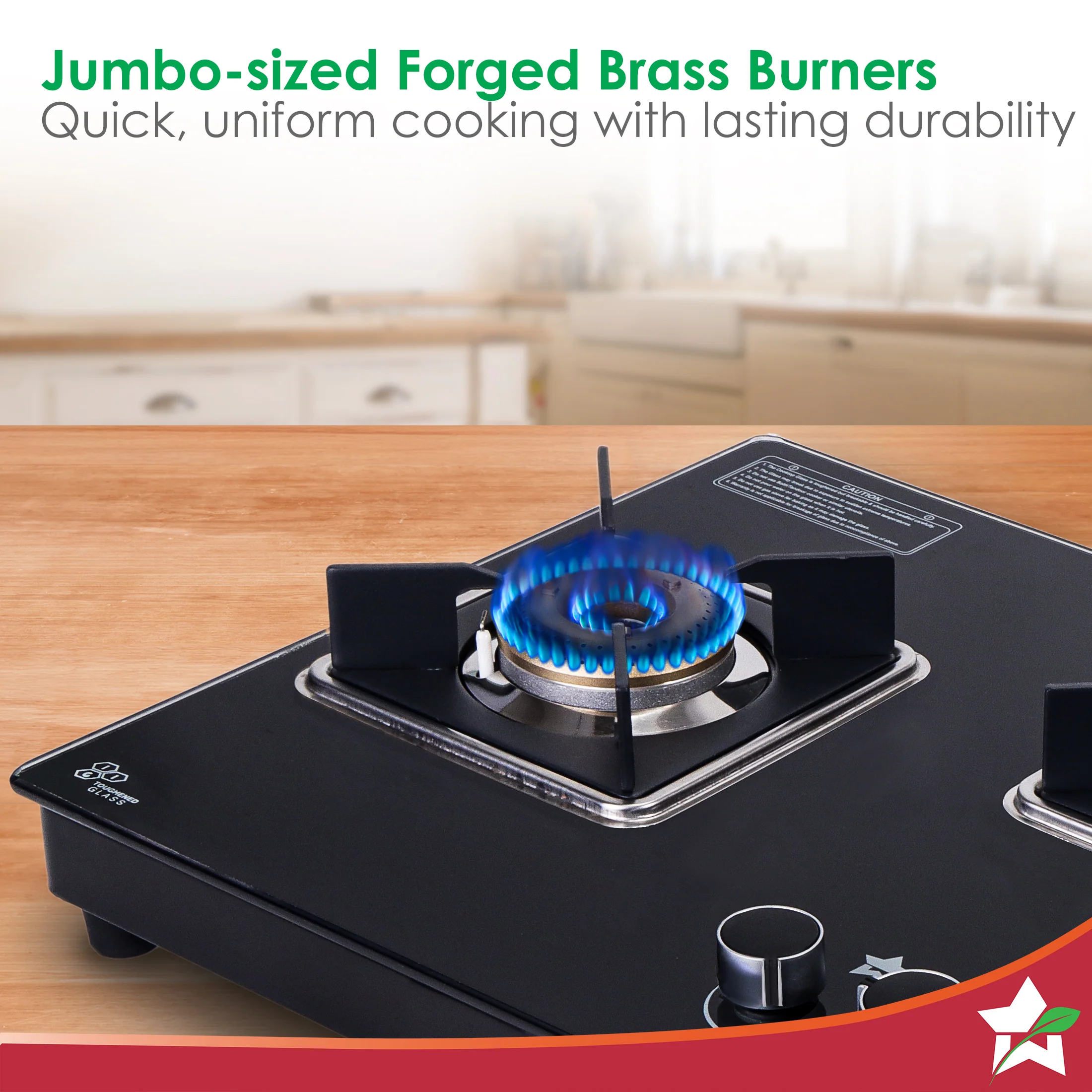 Octavia 4 Burner Glass Hob Top Auto Cooktop | 8mm Toughened Glass | Auto Ignition | Forged Brass Burners | Stainless Steel Drip Tray | Anti-Skid Legs | Large & Heavy Pan support | LPG compatible | Black steel frame | 2 Year Warranty | Black - Image 4