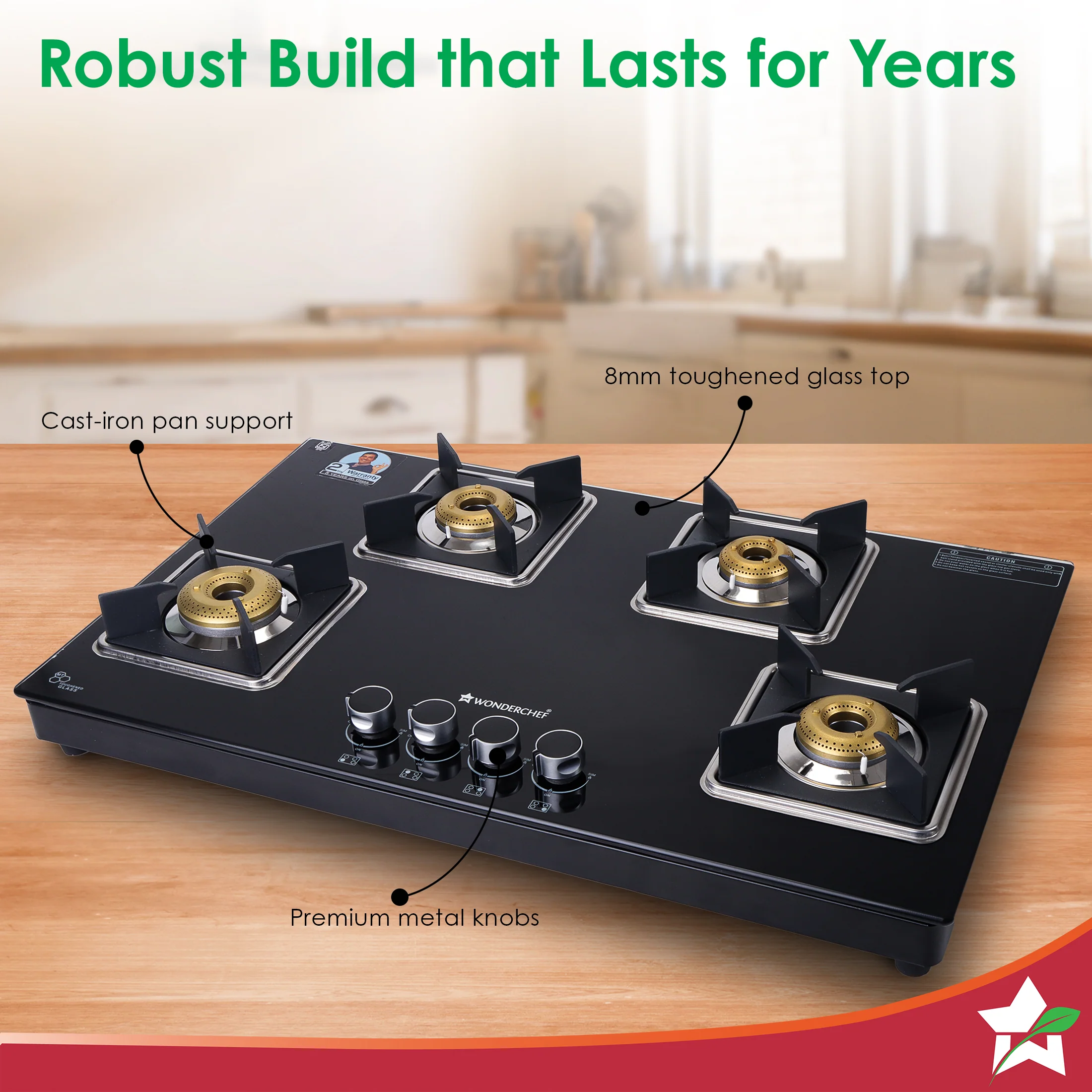 Octavia 4 Burner Glass Hob Top Auto Cooktop | 8mm Toughened Glass | Auto Ignition | Forged Brass Burners | Stainless Steel Drip Tray | Anti-Skid Legs | Large & Heavy Pan support | LPG compatible | Black steel frame | 2 Year Warranty | Black - Image 5