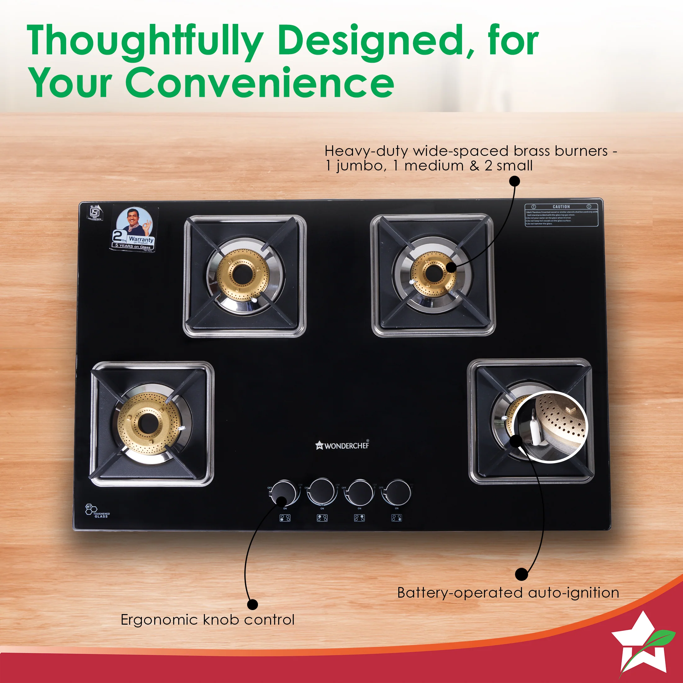 Octavia 4 Burner Glass Hob Top Auto Cooktop | 8mm Toughened Glass | Auto Ignition | Forged Brass Burners | Stainless Steel Drip Tray | Anti-Skid Legs | Large & Heavy Pan support | LPG compatible | Black steel frame | 2 Year Warranty | Black - Image 6