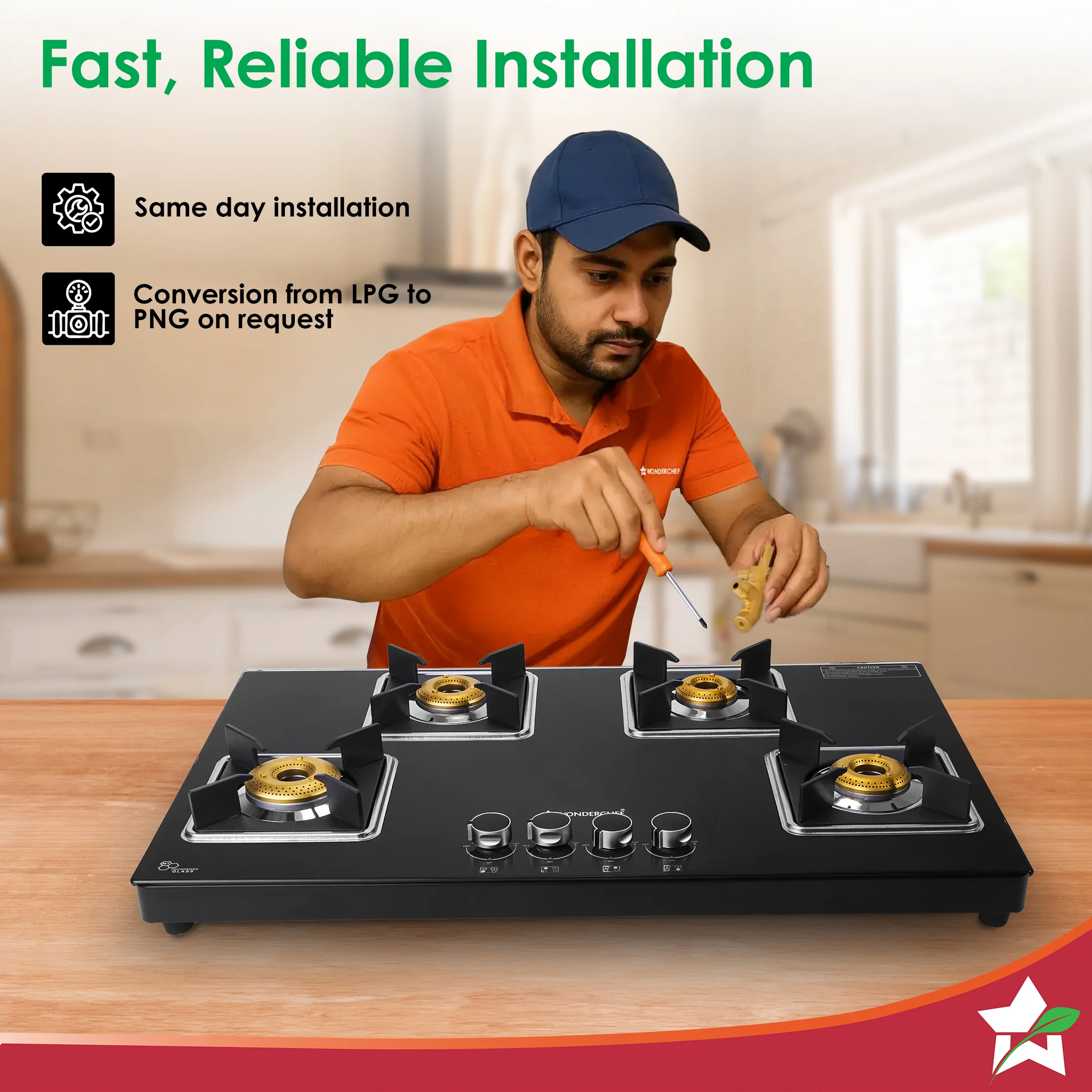 Octavia 4 Burner Glass Hob Top Auto Cooktop | 8mm Toughened Glass | Auto Ignition | Forged Brass Burners | Stainless Steel Drip Tray | Anti-Skid Legs | Large & Heavy Pan support | LPG compatible | Black steel frame | 2 Year Warranty | Black - Image 7