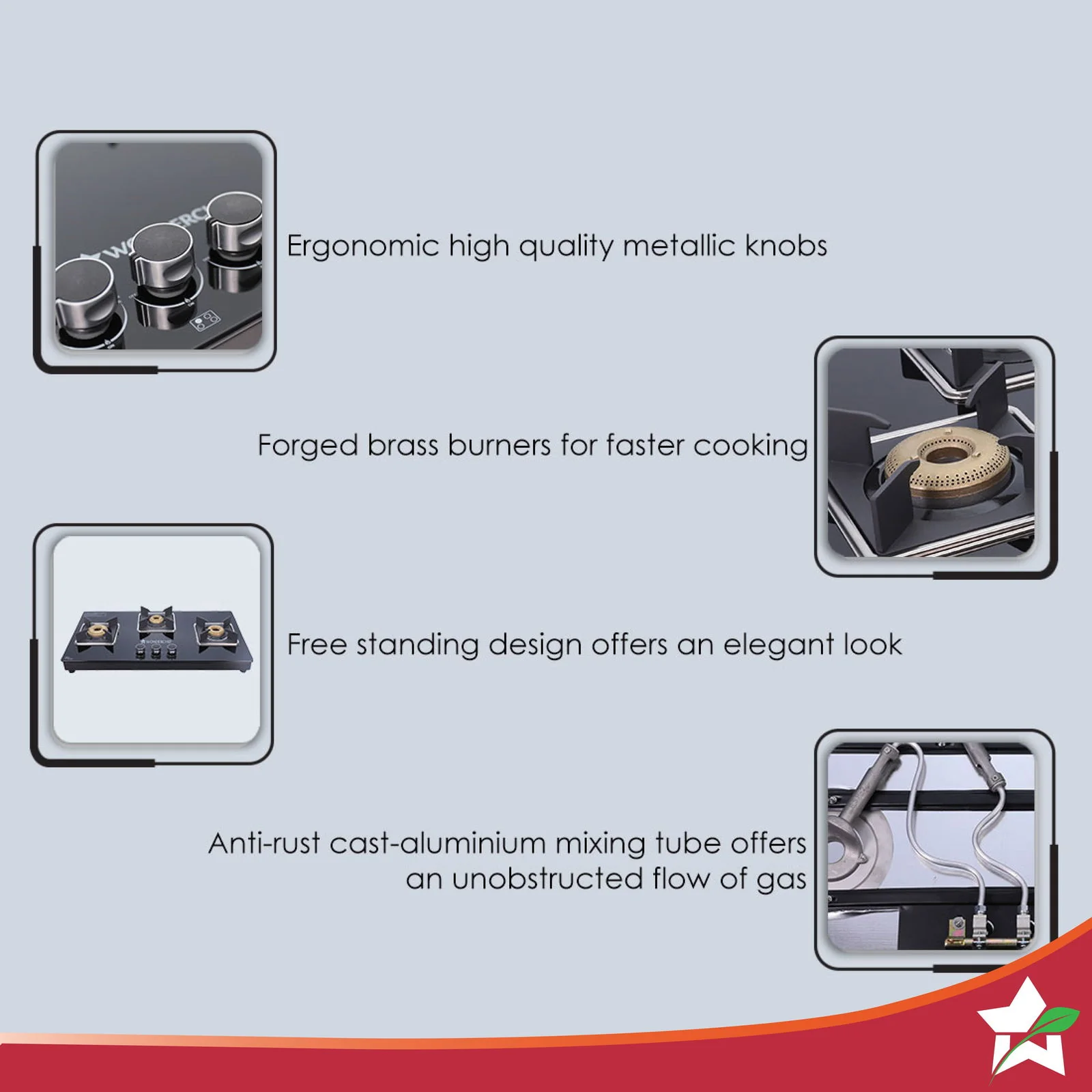 Octavia 3 Burner Glass Hob Top Manual Cooktop | 8mm Toughened Glass | Manual Ignition | Forged Brass Burners | Stainless Steel Drip Tray | Anti-Skid Legs | Large & Heavy Pan support | LPG compatible | Black steel frame | 2 Year Warranty | Black - Image 5