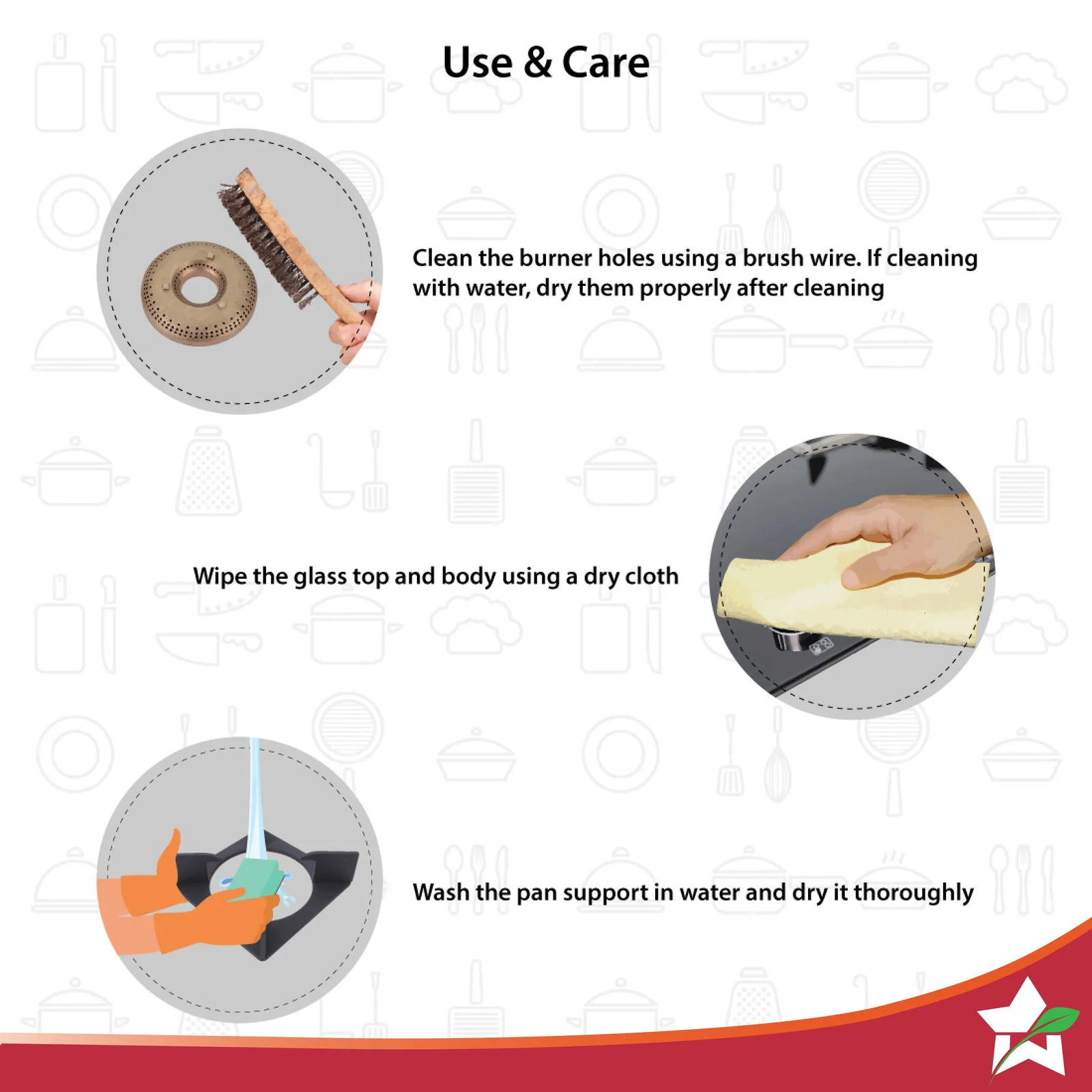 Octavia 3 Burner Glass Hob Top Manual Cooktop | 8mm Toughened Glass | Manual Ignition | Forged Brass Burners | Stainless Steel Drip Tray | Anti-Skid Legs | Large & Heavy Pan support | LPG compatible | Black steel frame | 2 Year Warranty | Black - Image 6