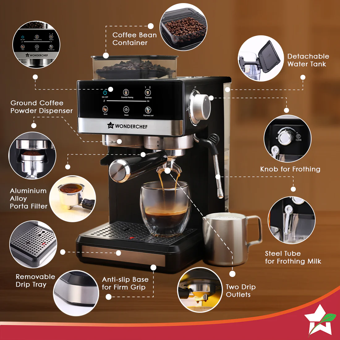 Regalia Semi-automatic Espresso Machine & Coffee Grinder, 20-bar Pressure, Café-style Espresso with Freshly Ground Beans, Hot & Cold Brew, 20 Grinding Options, Perfect Gift Option, 2-Yr Warranty - Image 7