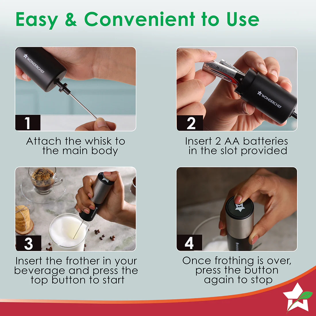 Wonderchef Regalia Milk Frother | Rich and Creamy Froth in Seconds | Stainless Steel Body & Whisk | AA Battery Operated | Blend Lassi, Cold Coffee, Gym Shakes, Whipped Cream | Easy to Clean | Black - Image 4