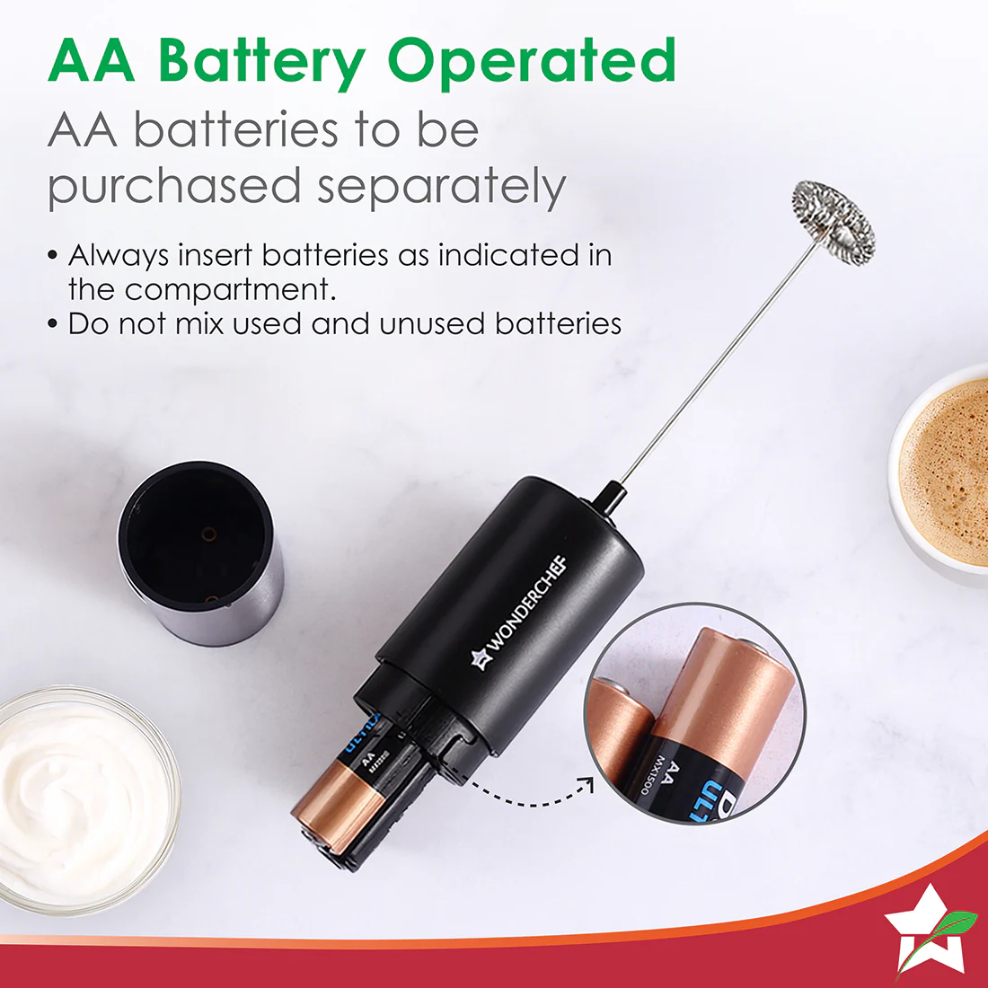 Wonderchef Regalia Milk Frother | Rich and Creamy Froth in Seconds | Stainless Steel Body & Whisk | AA Battery Operated | Blend Lassi, Cold Coffee, Gym Shakes, Whipped Cream | Easy to Clean | Black - Image 6