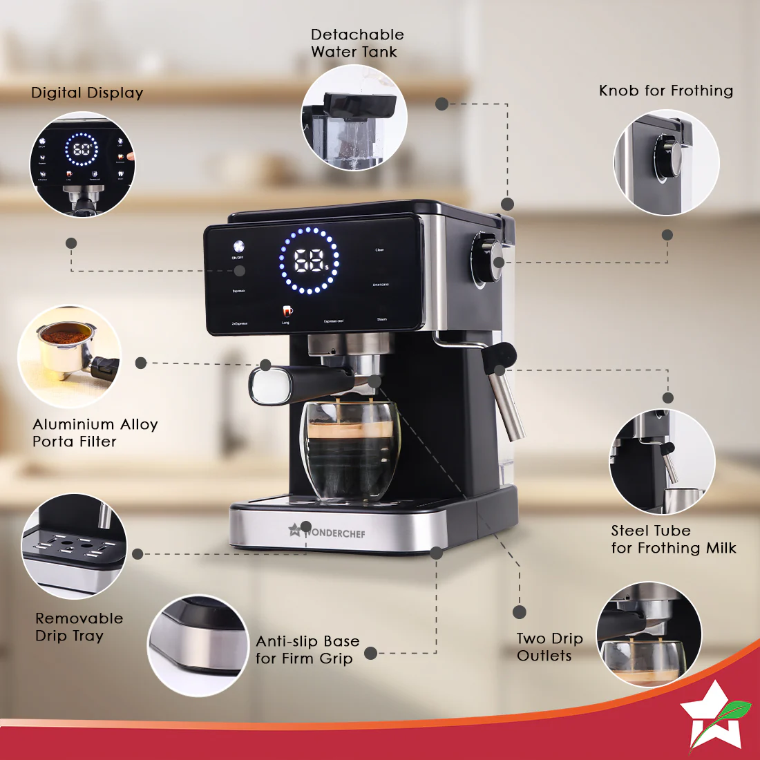 Rinaldi Automatic Espresso Coffee Machine | 20-bar Pressure | Digital Display | For Hot & Cold Espresso, Americano | Auto Cleaning | 2 Year Warranty - Image 8