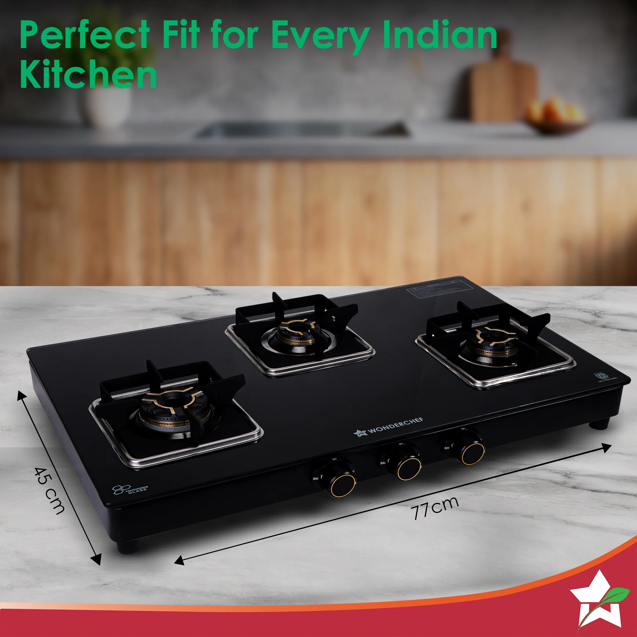 Royal 3 Brass Burner Gas Stove, LPG Gas Stove for Kitchen, ISI-approved 8mm Toughened Glass Surface, 3D Brass Burners, Pan-support with Flame Guard, Spill-proof Design, 2-Yr Warranty - Image 3