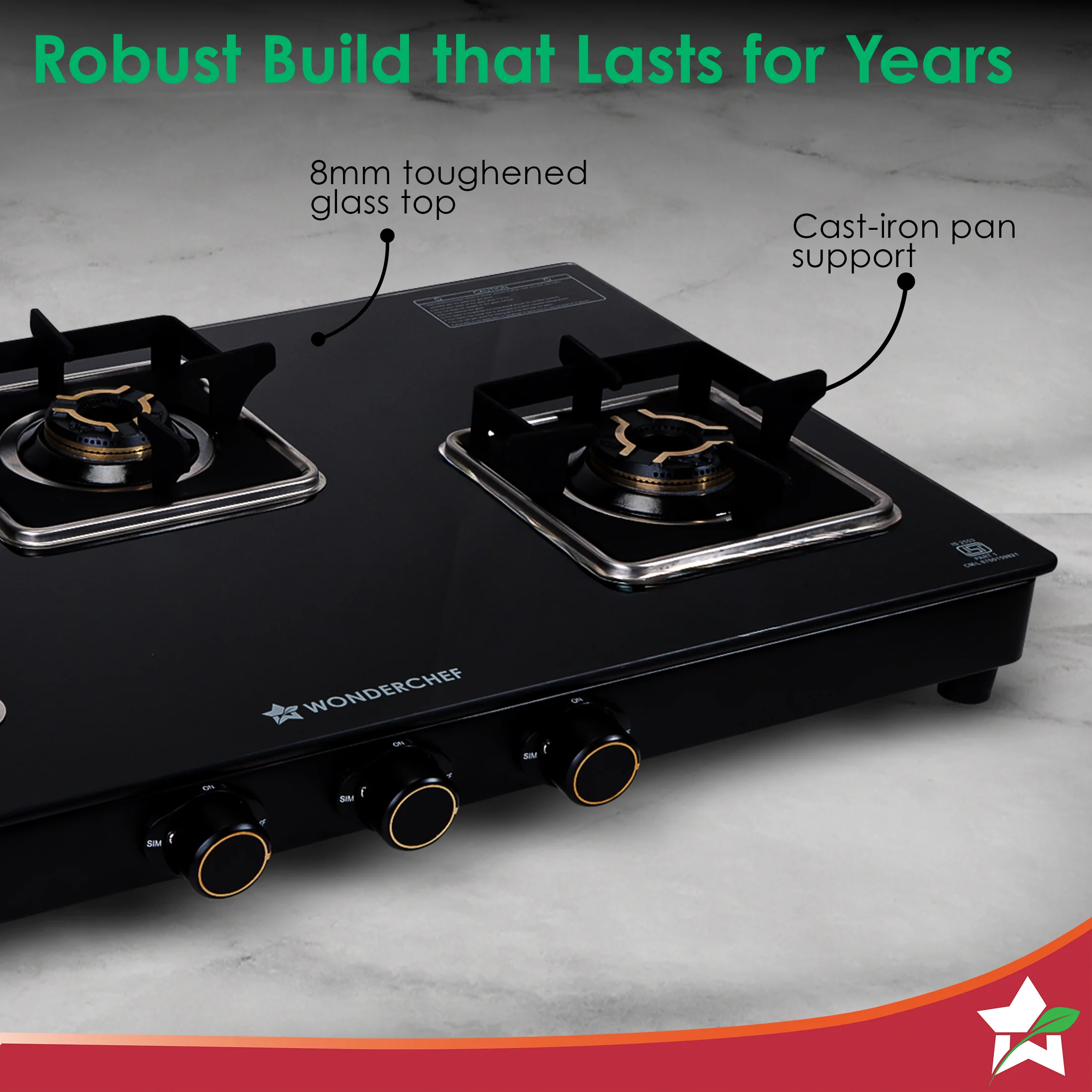 Royal 3 Brass Burner Gas Stove, LPG Gas Stove for Kitchen, ISI-approved 8mm Toughened Glass Surface, 3D Brass Burners, Pan-support with Flame Guard, Spill-proof Design, 2-Yr Warranty - Image 5