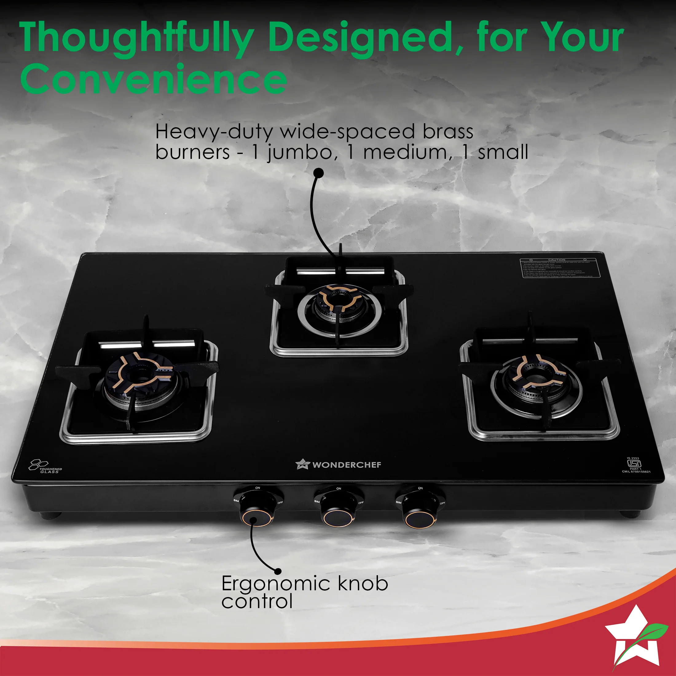 Royal 3 Brass Burner Gas Stove, LPG Gas Stove for Kitchen, ISI-approved 8mm Toughened Glass Surface, 3D Brass Burners, Pan-support with Flame Guard, Spill-proof Design, 2-Yr Warranty - Image 6