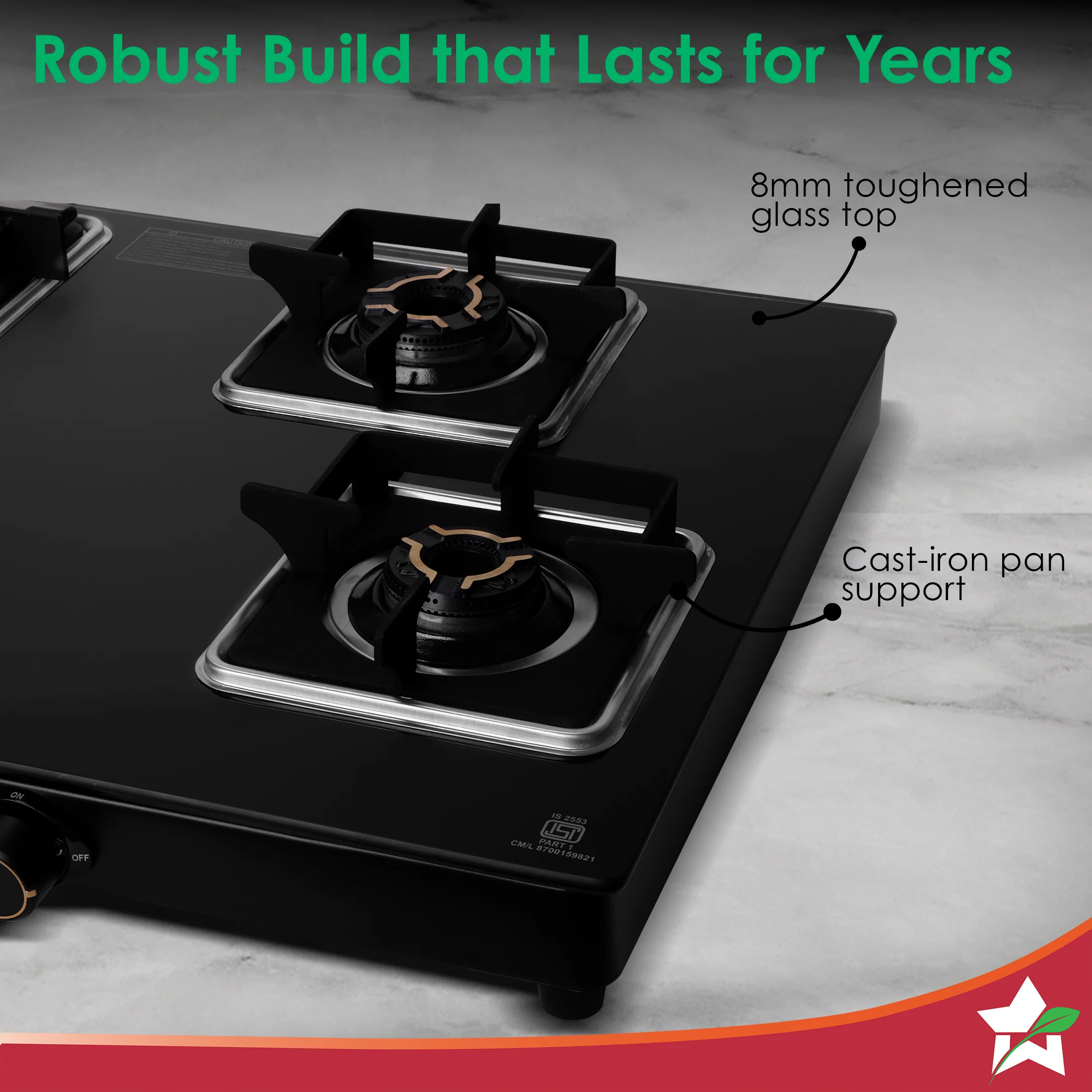 Royal 4 Brass Burner Gas Stove, LPG Gas Stove for Kitchen, ISI-approved 8mm Toughened Glass Surface, 3D Brass Burners, Pan-support with Flame Guard, Spill-proof Design, 2-Yr Warranty - Image 5