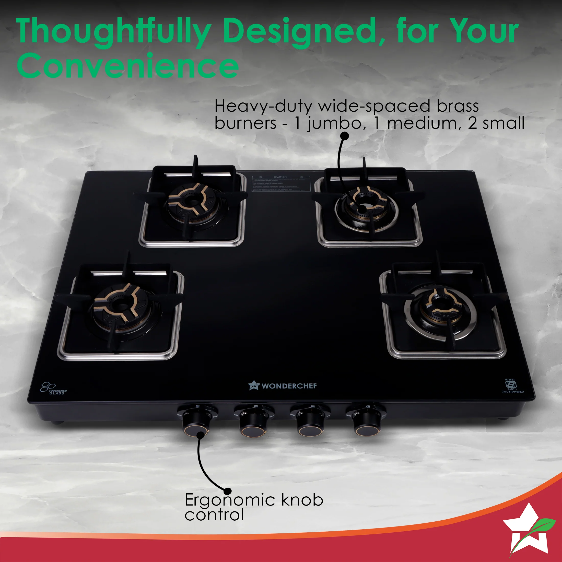 Royal 4 Brass Burner Gas Stove, LPG Gas Stove for Kitchen, ISI-approved 8mm Toughened Glass Surface, 3D Brass Burners, Pan-support with Flame Guard, Spill-proof Design, 2-Yr Warranty - Image 6