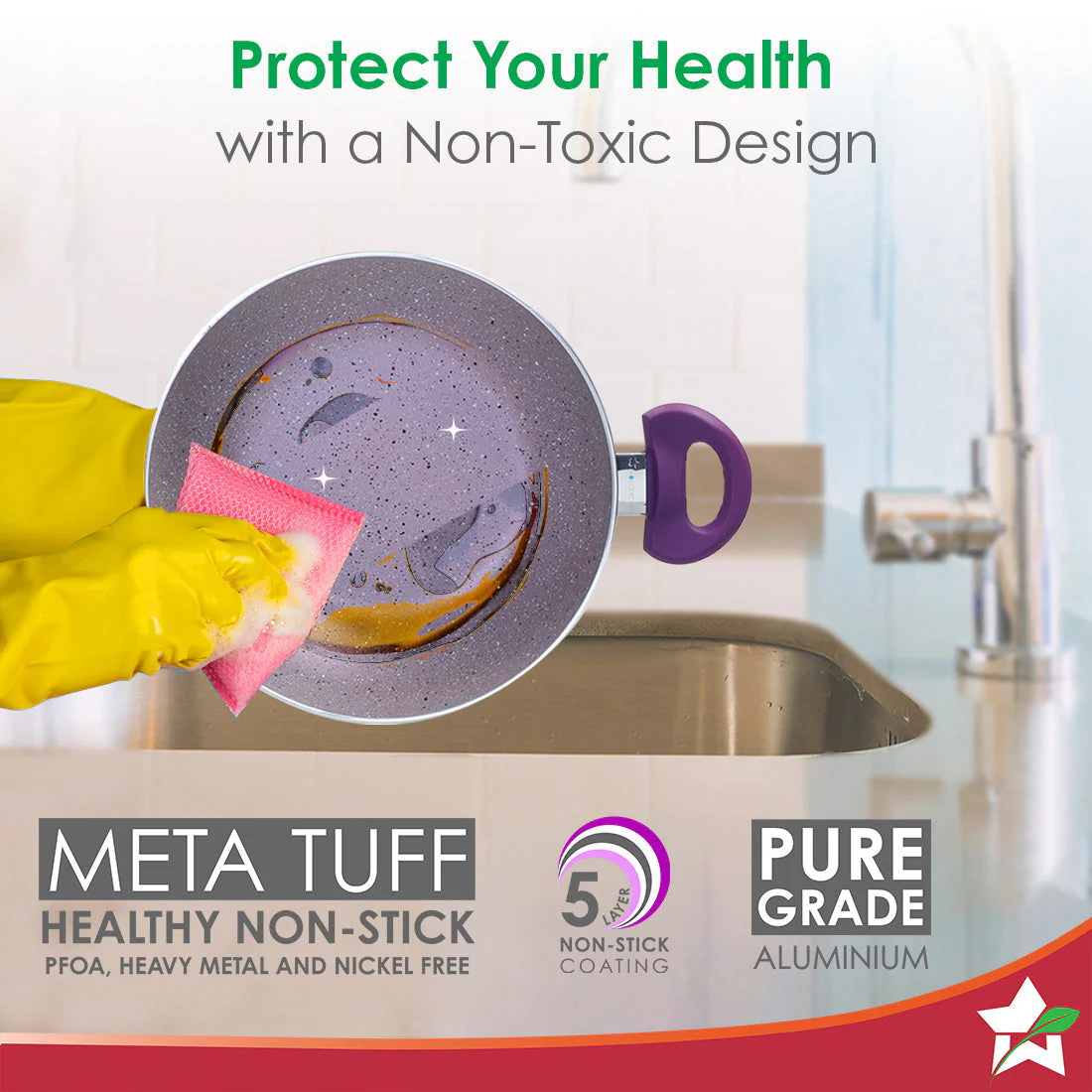 Royal Velvet Non-stick 26cm Kadhai with Lid and Handles | Glass Lid | Induction Ready | Soft-touch handles |Non – Toxic I Virgin Aluminium| 3 mm thick | 2 year warranty | Purple - Image 3