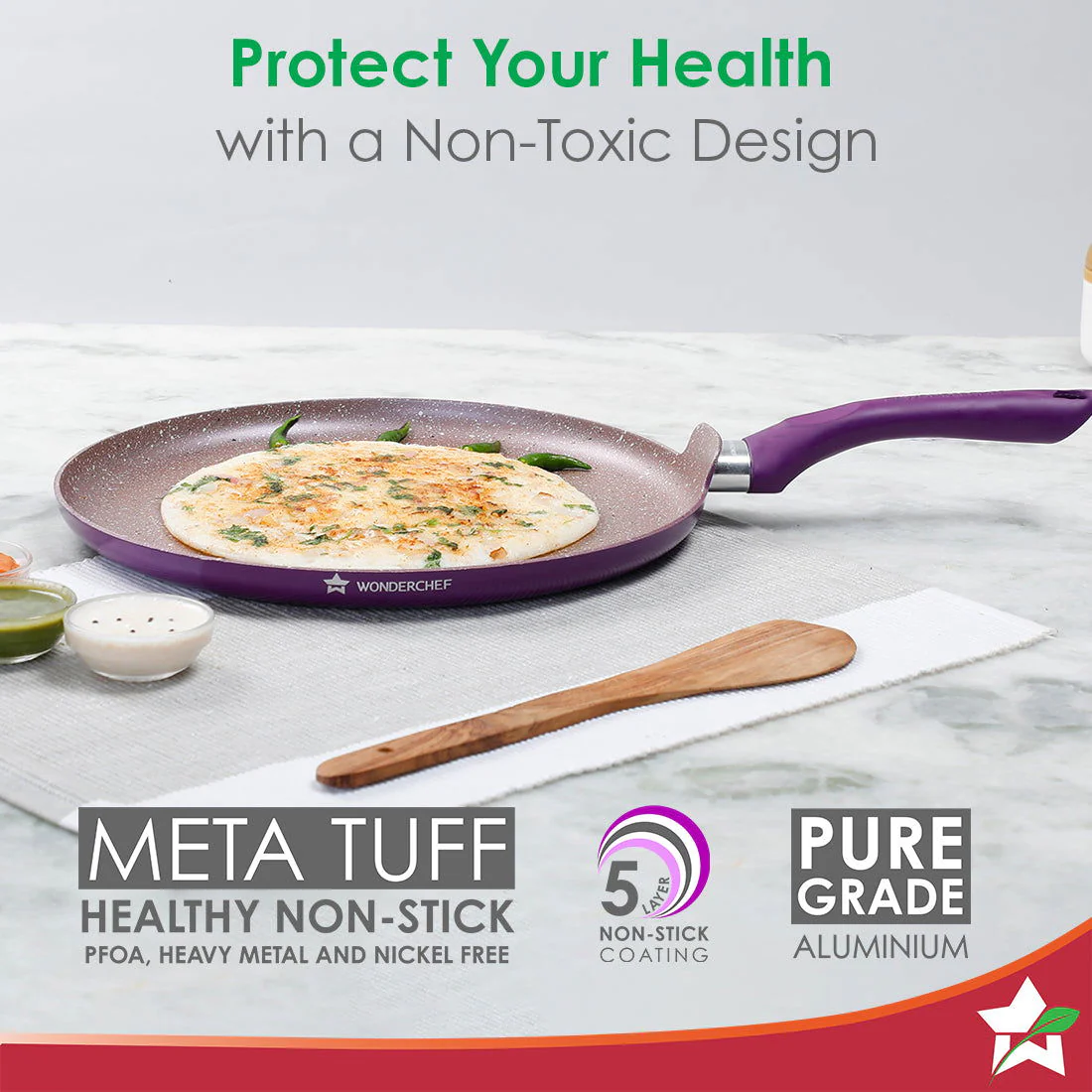 Wonderchef Renewed Royal Velvet 28cm Non-Stick Dosa Tawa | Induction Bottom | Soft-Touch Handle | Virgin Grade Aluminium | 3mm Thick | PFOA and Heavy Metals Free - Image 3