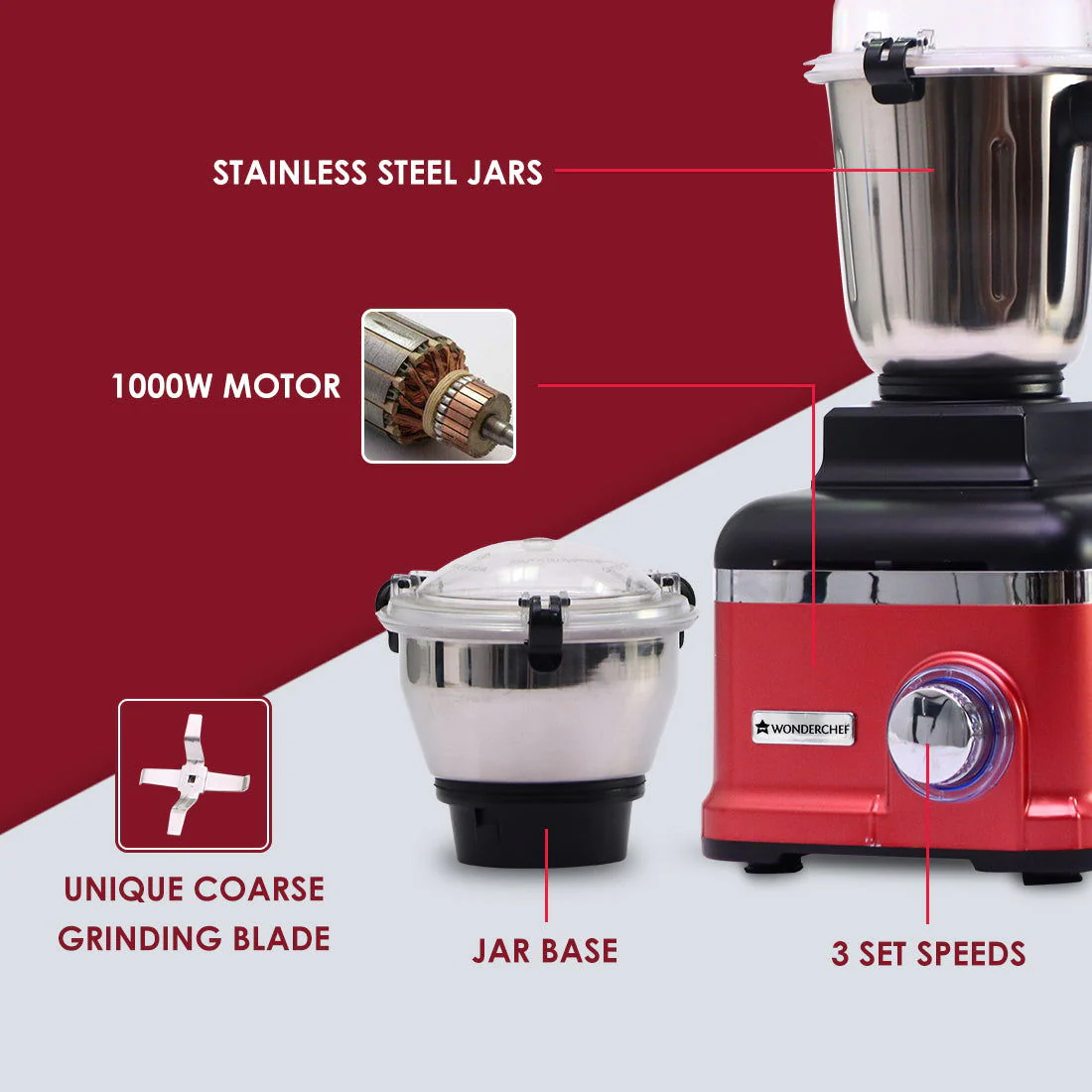 Wonderchef Renewed Sumo Mixer Grinder | 1000W | 3 Stainless Steel & 1 Fruit Filter Jar | Long Motor Life - Image 12
