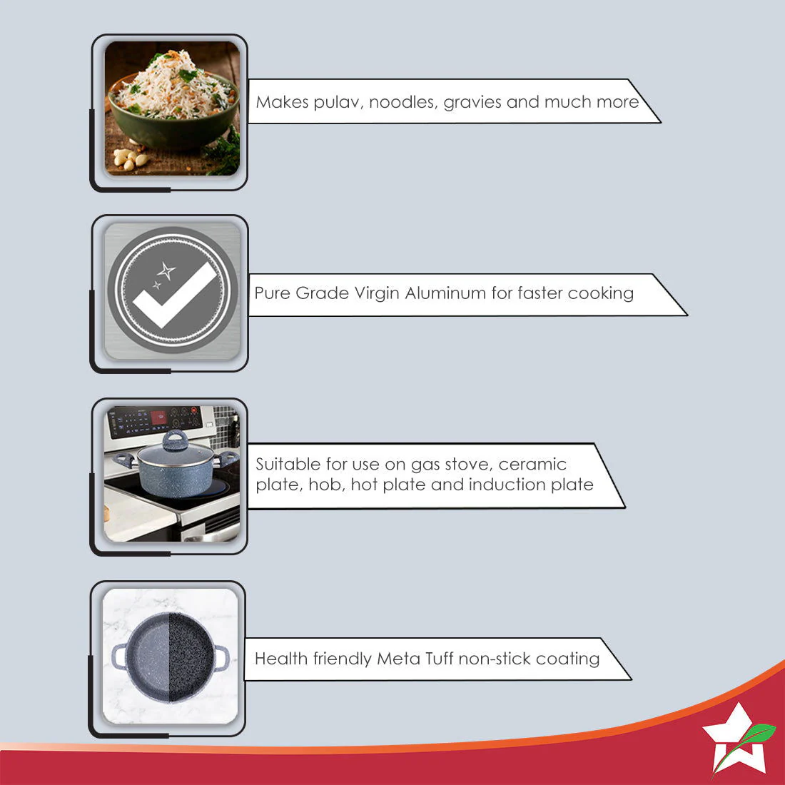 Granite Die-Cast Non-stick Casserole Set, 6Pc (16cm, 20cm, 24cm) Induction Bottom, Soft-touch Handles, Virgin Grade Aluminium, PFOA/Heavy metals free, 3.5mm, 2 years warranty, Black - Image 3