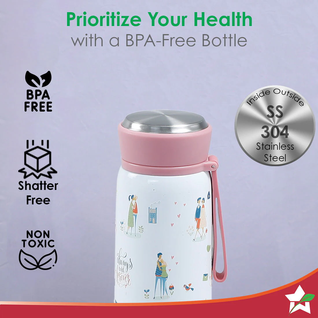 Le Motif L'amour, 420ml, Stainless Steel Double wall Water Bottle, 3D Embossed Design, Spill & Leak Proof, 2 Years Warranty - Image 3