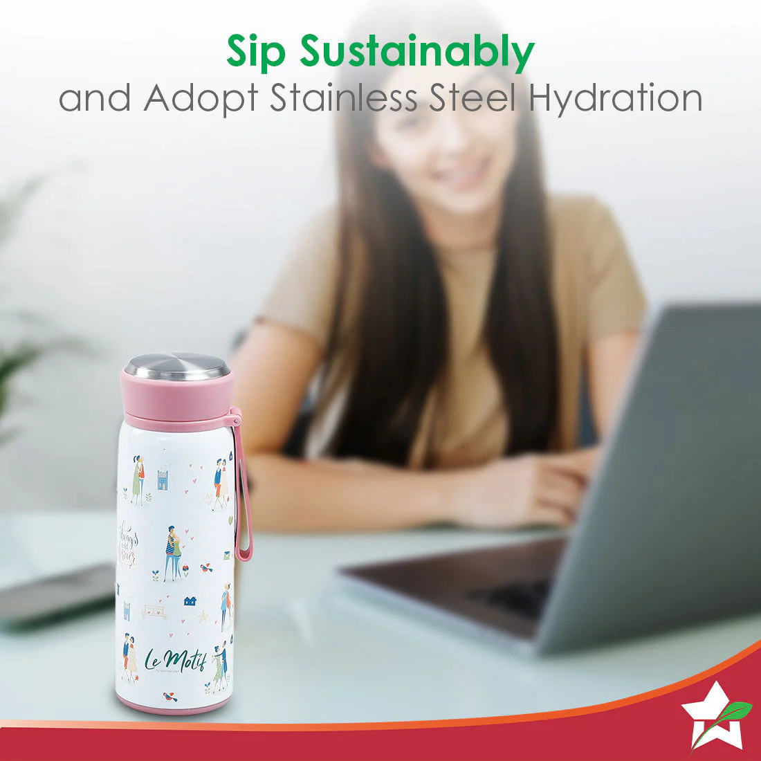 Le Motif L'amour, 420ml, Stainless Steel Double wall Water Bottle, 3D Embossed Design, Spill & Leak Proof, 2 Years Warranty - Image 4