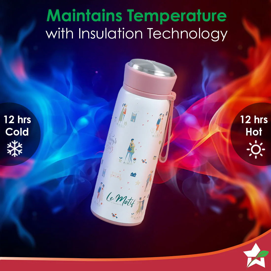 Le Motif L'amour, 420ml, Stainless Steel Double wall Water Bottle, 3D Embossed Design, Spill & Leak Proof, 2 Years Warranty - Image 5