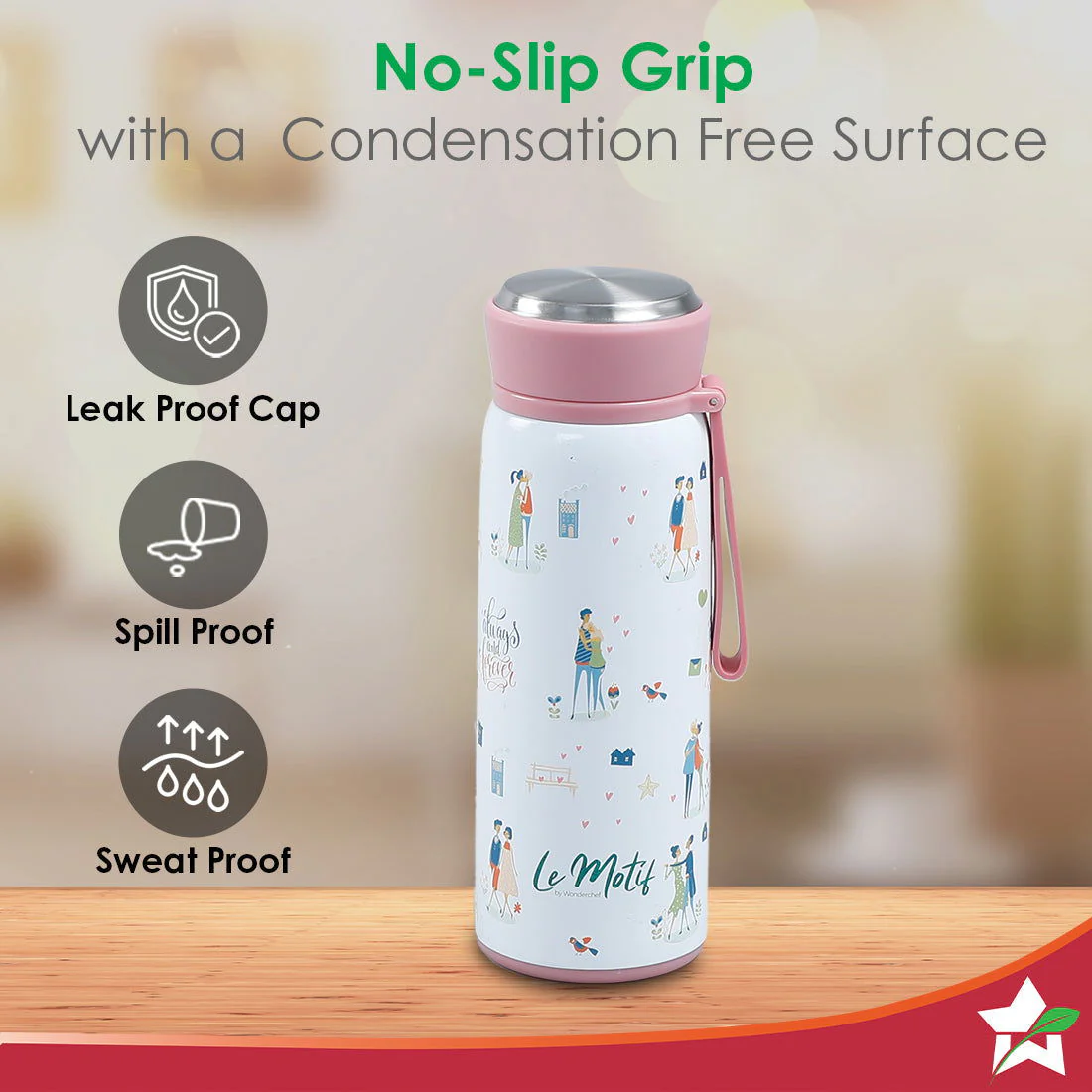 Le Motif L'amour, 420ml, Stainless Steel Double wall Water Bottle, 3D Embossed Design, Spill & Leak Proof, 2 Years Warranty - Image 6