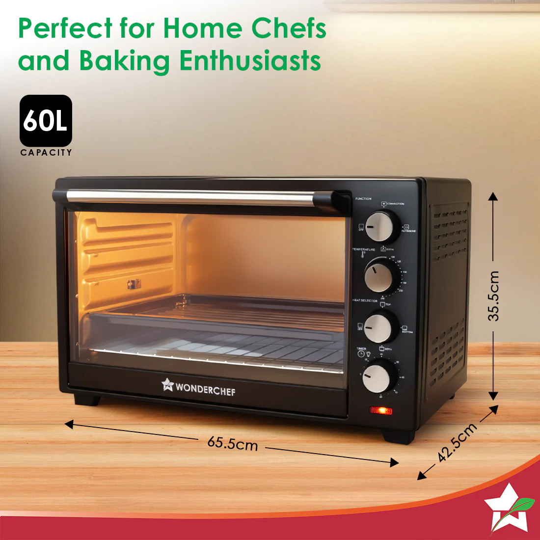 Oven Toaster Griller (OTG) - 60 L | With Rotisserie | Auto-Shut Off | Heat-Resistant Tempered Glass | 6-Stage Heat Selection Bake, Grill, Roast | Easy to Clean | Black | 2 Year Warranty - Image 3