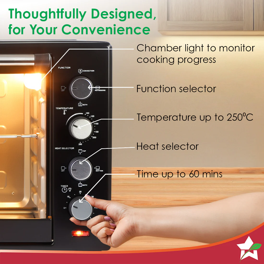 Oven Toaster Griller (OTG) - 60 L | With Rotisserie | Auto-Shut Off | Heat-Resistant Tempered Glass | 6-Stage Heat Selection Bake, Grill, Roast | Easy to Clean | Black | 2 Year Warranty - Image 4