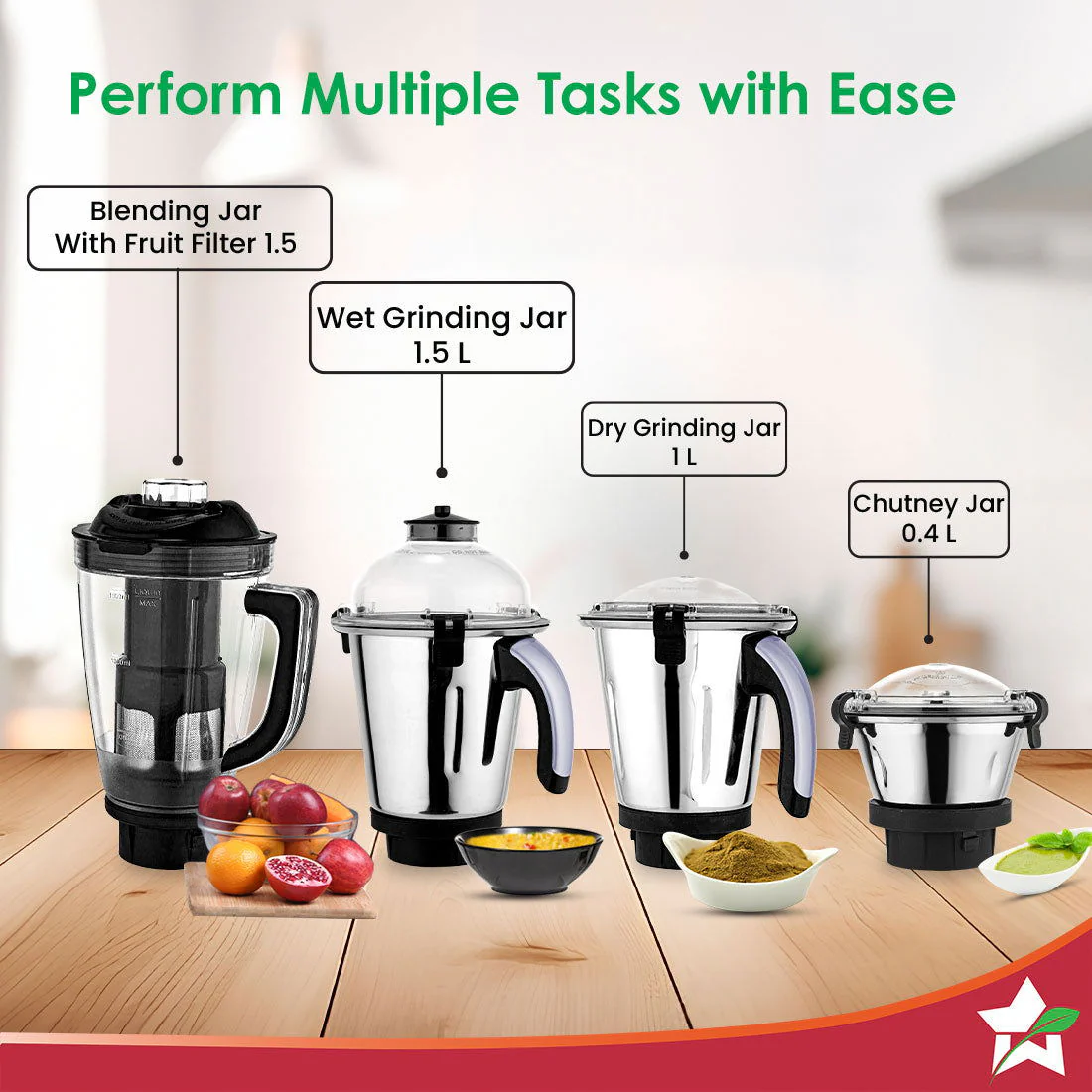 Galaxy Mixer Grinder 1000W | 100 Mins Non-Stop Grinding | 100% Copper Motor | Heavy Duty | Low Noise | Chutney Grinding, Dry Grinding, Wet Grinding, Juicing, Blending | 4 Jars | 2 Year Warranty - Image 5