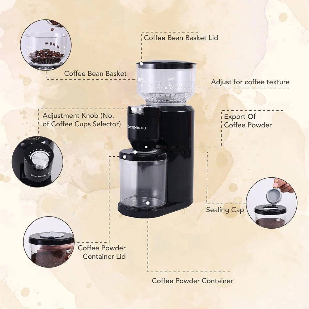 Wonderchef Renewed Regalia Electric Coffee Grinder | Burr Grinder with 31 Grinding Settings | Set Variable Coffee Grind Texture | Grind Beans for Espresso, Americano, Brew and more | 1 Year Warranty - Image 4