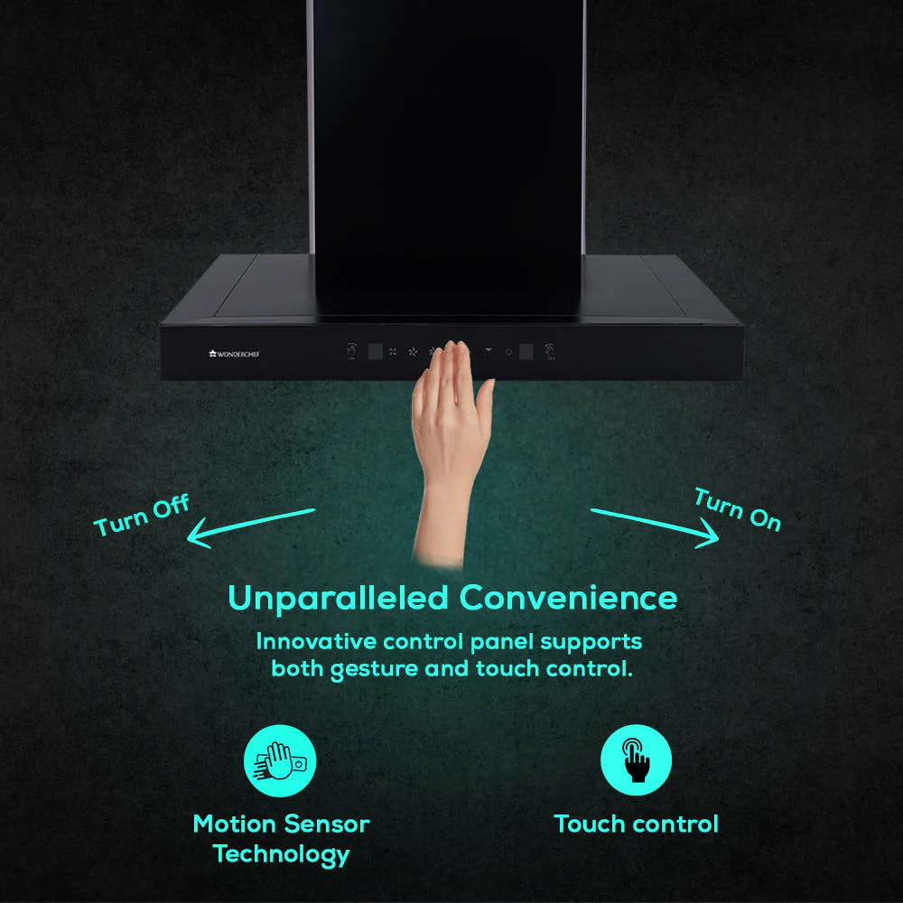 Ultima D-Lite| 60cm |1400 m3/hr| Auto Clean Curved Glass Chimney | Baffle Filter | Powerful Suction | Touch Control| 3 Speed Motion Sensor Control | Low Noise | 7 Year Warranty | Black - Image 4